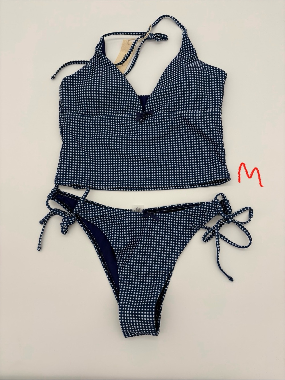 Navy Micro-Check Halter Tankini Set NWT